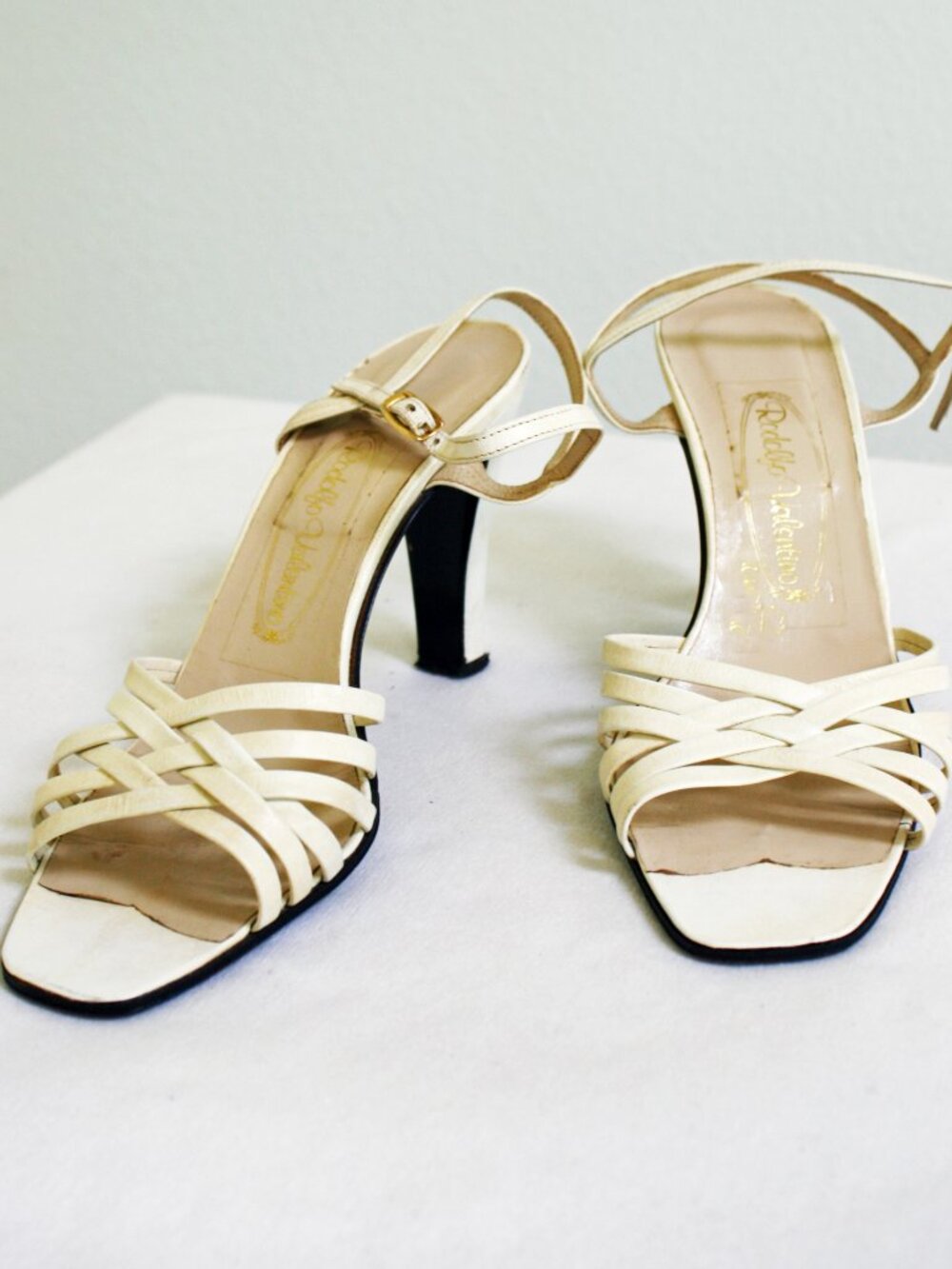 Vintage 1970s White Leather Woven Strappy High Heels